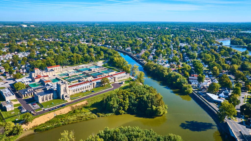 Aerial view of a community and winding river